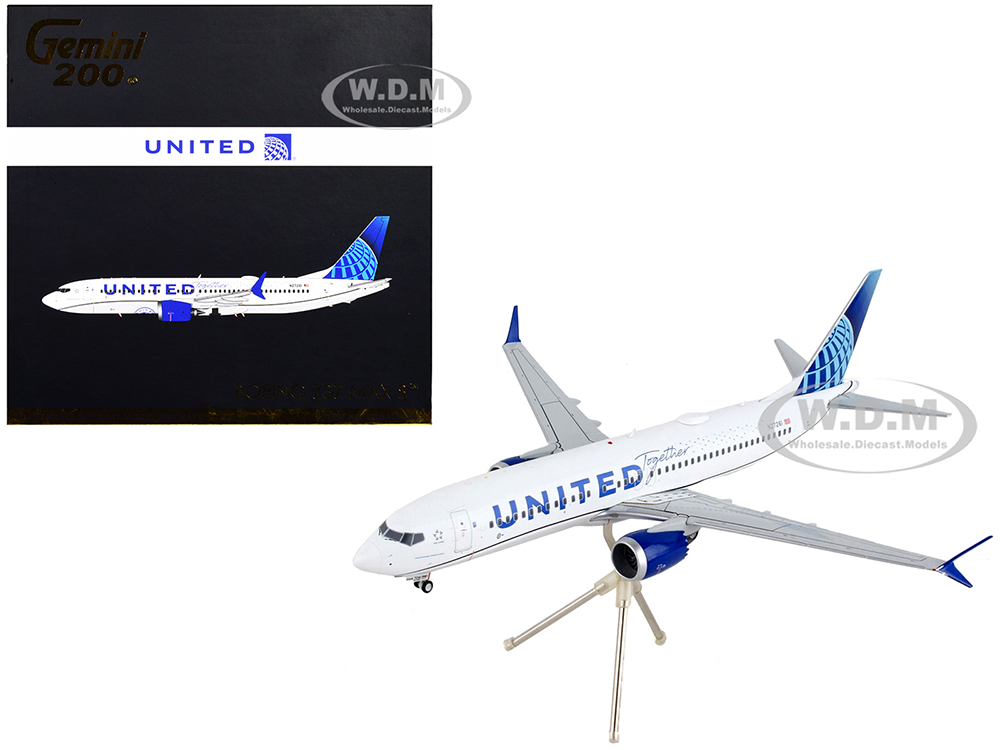 Image of Boeing 737 MAX 8 Commercial Aircraft "United Airlines - United Together" White with Blue Tail "Gemini 200" Series 1/200 Diecast Model Airplane by Gem
