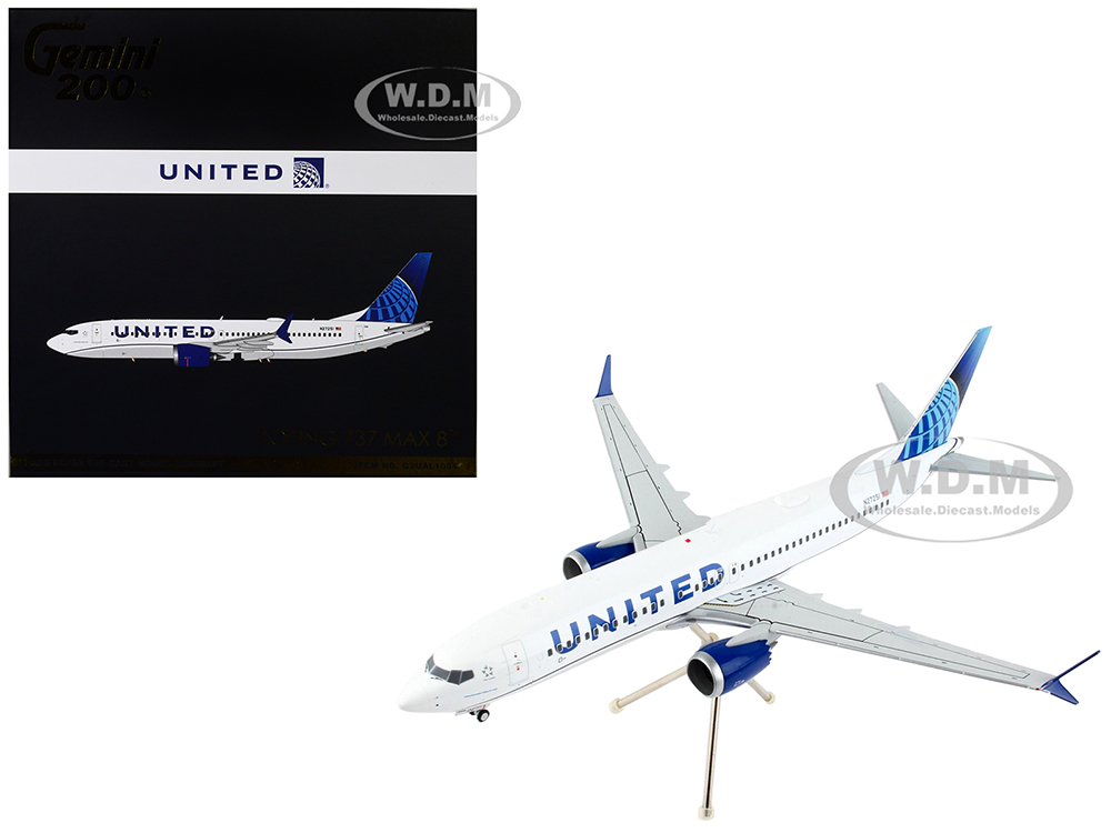Image of Boeing 737 MAX 8 Commercial Aircraft "United Airlines" White with Blue Tail "Gemini 200" Series 1/200 Diecast Model Airplane by GeminiJets