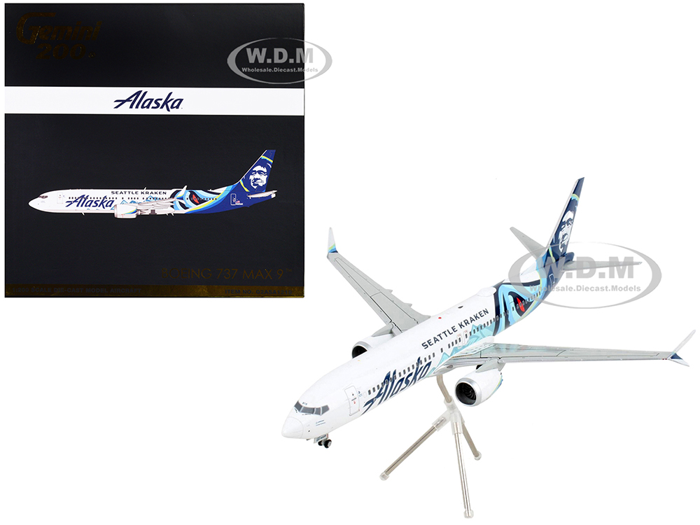 Image of Boeing 737 MAX 9 Commercial Aircraft "Alaska Airlines - Seattle Kraken" White with Blue Tail "Gemini 200" Series 1/200 Diecast Model Airplane by Gemi