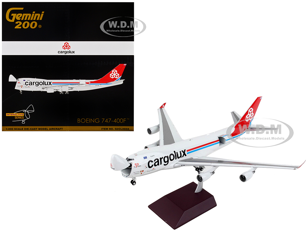 Image of Boeing 747-400F Commercial Aircraft "Cargolux" Gray with Red Tail "Gemini 200 - Interactive" Series 1/200 Diecast Model Airplane by GeminiJets