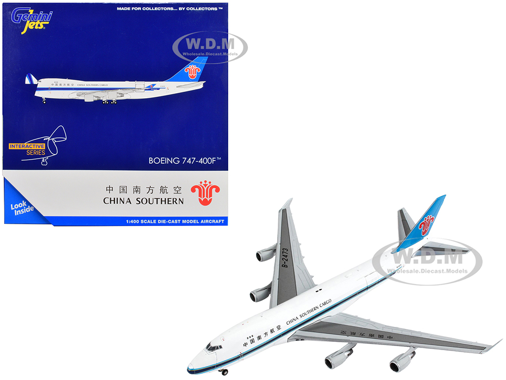 Image of Boeing 747-400F Commercial Aircraft "China Southern Cargo" White with Black Stripes and Blue Tail "Interactive Series" 1/400 Diecast Model Airplane b