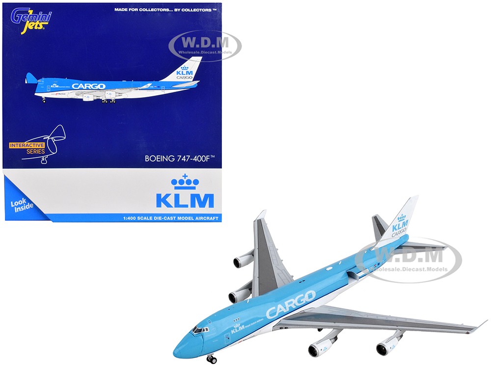 Image of Boeing 747-400F Commercial Aircraft "KLM Royal Dutch Airlines Cargo" Blue and White "Interactive Series" 1/400 Diecast Model Airplane by GeminiJets