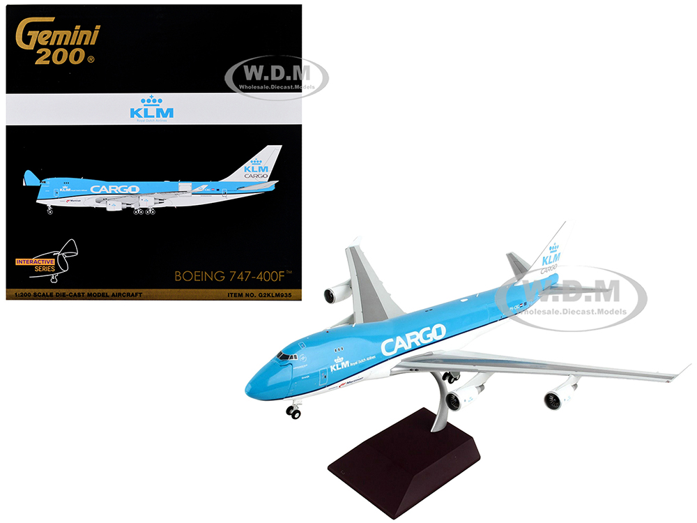 Image of Boeing 747-400F Commercial Aircraft "KLM Royal Dutch Airlines Cargo" Blue with White Tail "Gemini 200 - Interactive" Series 1/200 Diecast Model Airpl
