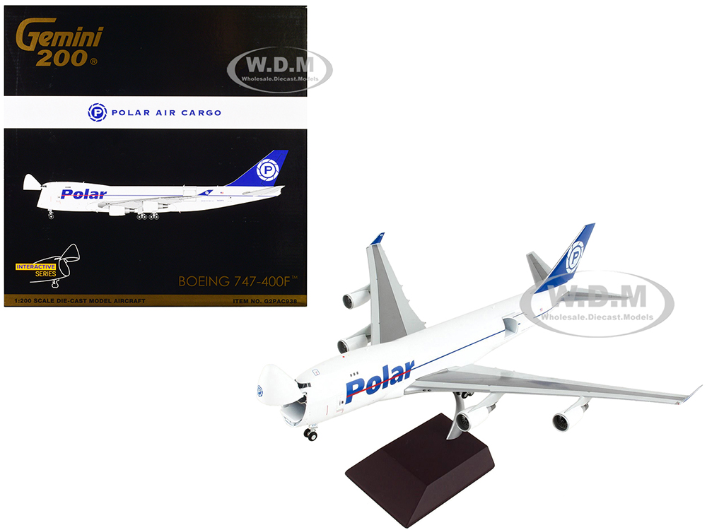 Image of Boeing 747-400F Commercial Aircraft "Polar Air Cargo" White with Blue Tail "Gemini 200 - Interactive" Series 1/200 Diecast Model Airplane by GeminiJe