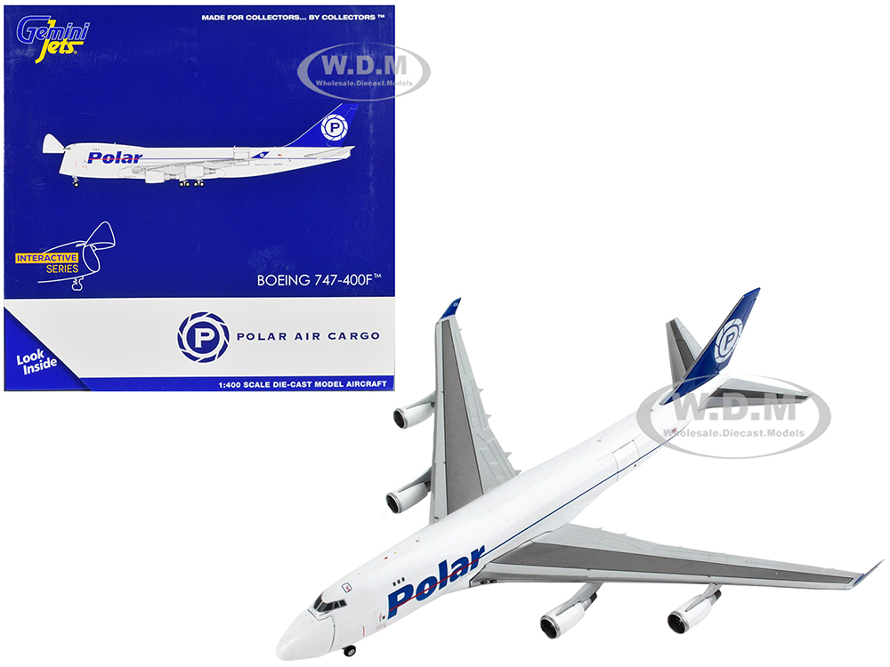 Image of Boeing 747-400F Commercial Aircraft "Polar Air Cargo" White with Blue Tail "Interactive Series" 1/400 Diecast Model Airplane by GeminiJets