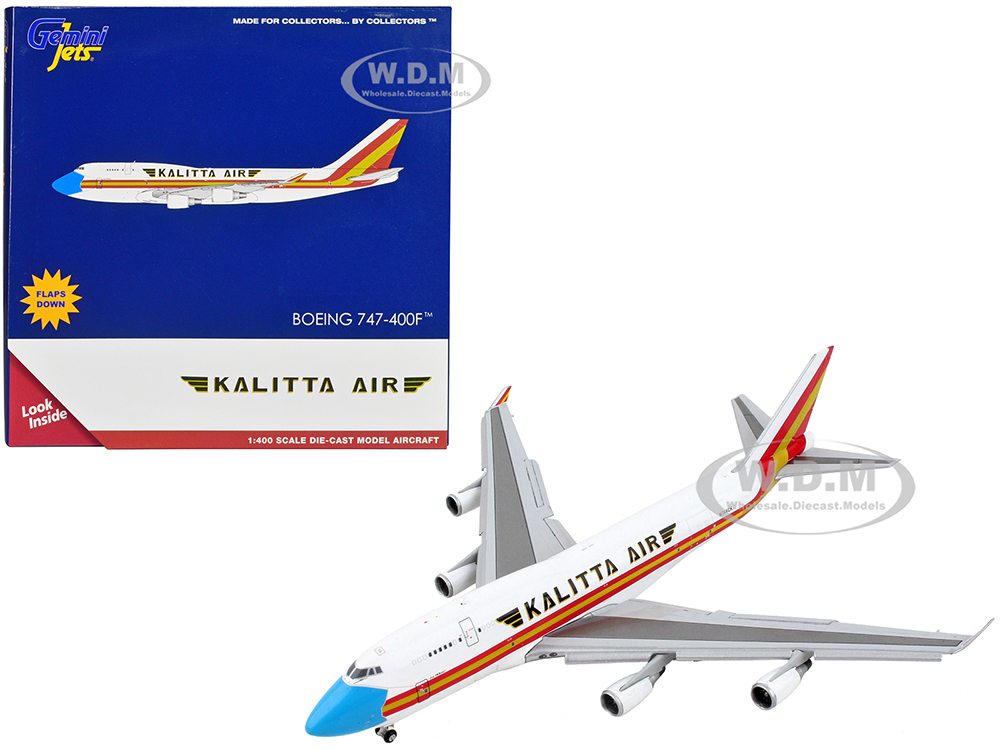Image of Boeing 747-400F Commercial Aircraft with Flaps Down "Kalitta Air" White with Stripes "Mask" Livery 1/400 Diecast Model Airplane by GeminiJets