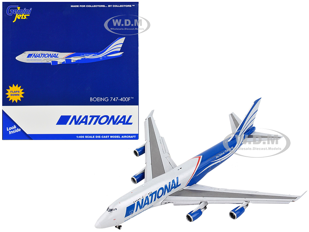 Image of Boeing 747-400F Commercial Aircraft with Flaps Down "National Airlines" Gray and Blue 1/400 Diecast Model Airplane by GeminiJets