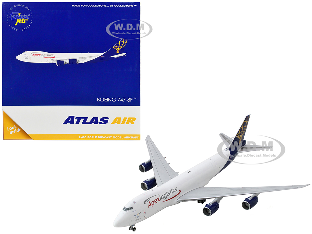 Image of Boeing 747-8F Commercial Aircraft "Atlas Air - Apex Logistics" White with Blue Tail 1/400 Diecast Model Airplane by GeminiJets