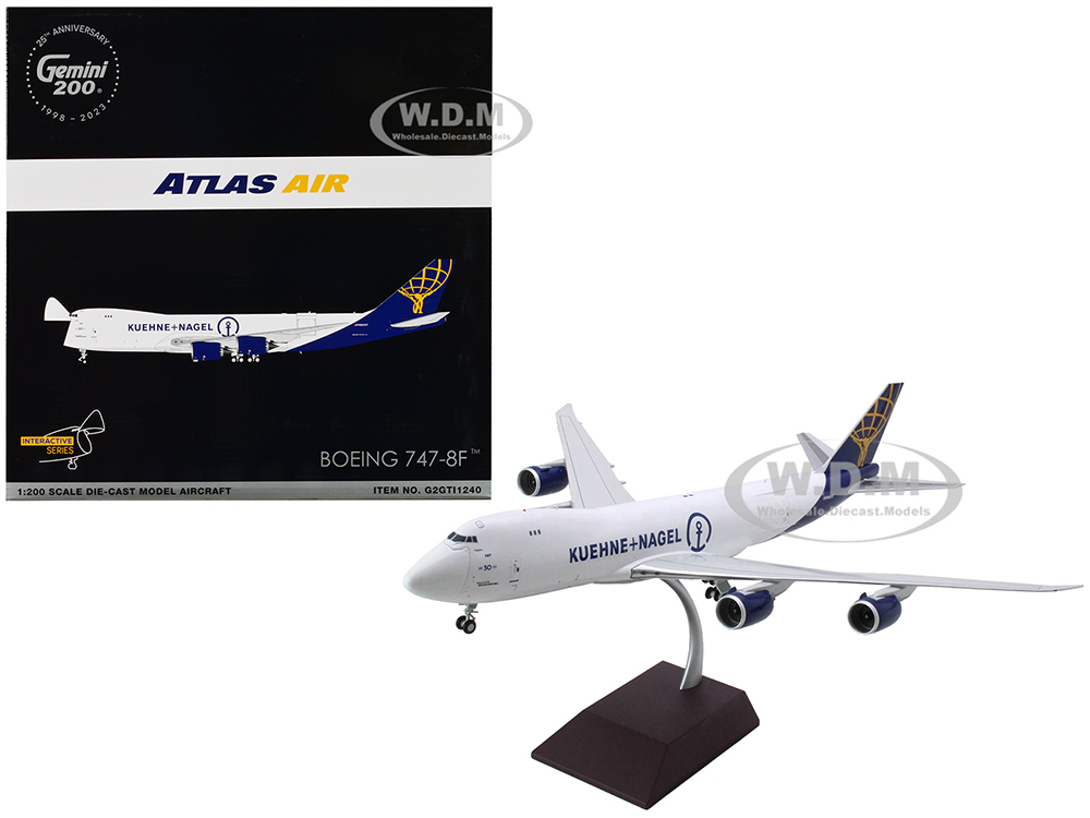Image of Boeing 747-8F Commercial Aircraft "Atlas Air - KueneNagel" (N862GT) White with Blue Tail "Gemini 200 - Interactive" Series 1/200 Diecast Model Airpla