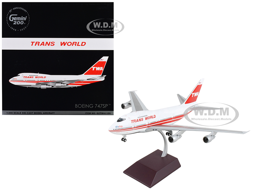Image of Boeing 747SP Commercial Aircraft "TWA (Trans World Airlines)" White with Red Stripes and Tail "Gemini 200" Series 1/200 Diecast Model Airplane by Gem
