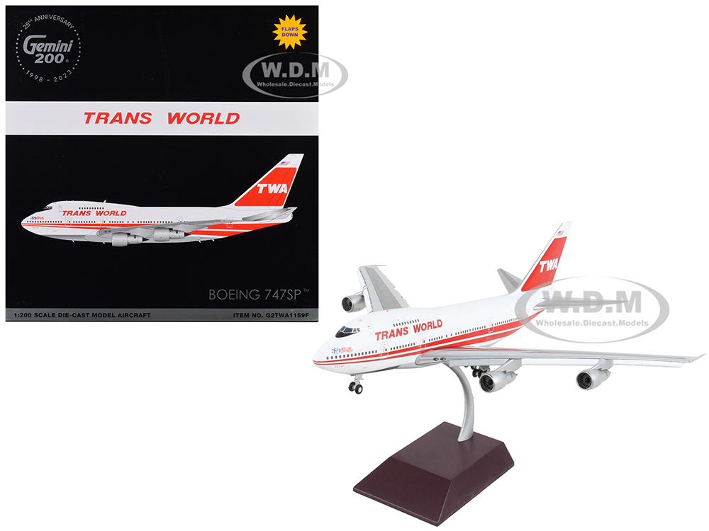 Image of Boeing 747SP Commercial Aircraft with Flaps Down "TWA (Trans World Airlines)" White with Red Stripes and Tail "Gemini 200" Series 1/200 Diecast Model