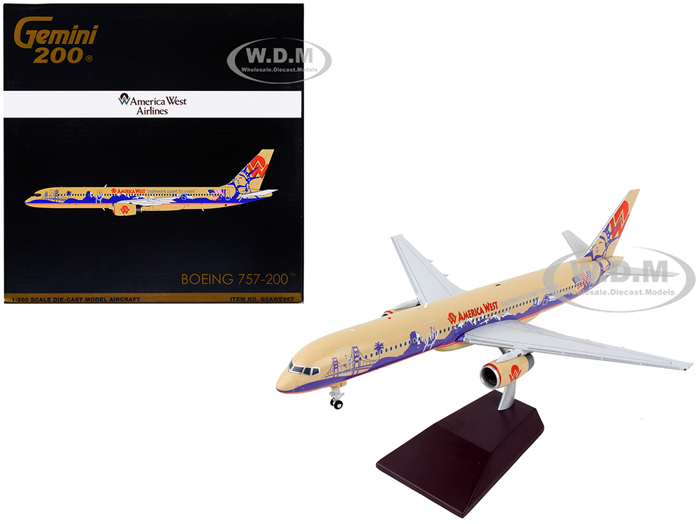 Image of Boeing 757-200 Commercial Aircraft "America West Airlines" Beige with Purple Graphics "Gemini 200" Series 1/200 Diecast Model Airplane by GeminiJets