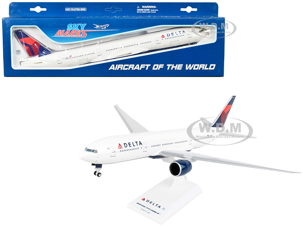Image of Boeing 777-200 Commercial Aircraft with Landing Gear "Delta Air Lines" (N709DN) White with Blue and Red Tail (Snap-Fit) 1/200 Plastic Model by Skymar