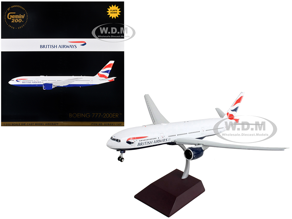 Image of Boeing 777-200ER Commercial Aircraft with Flaps Down "British Airways" White with Striped Tail "Gemini 200" Series 1/200 Diecast Model Airplane by Ge