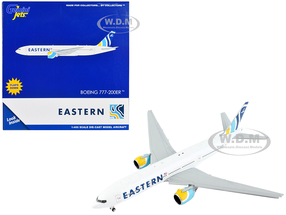 Image of Boeing 777-200ER Commercial Aircraft with Flaps Down "Eastern Air Lines" White with Striped Tail 1/400 Diecast Model Airplane by GeminiJets