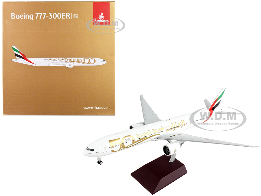 Image of Boeing 777-300ER Commercial Aircraft "Emirates Airlines - 50th Anniversary of UAE" White with Striped Tail "Gemini 200" Series 1/200 Diecast Model Ai