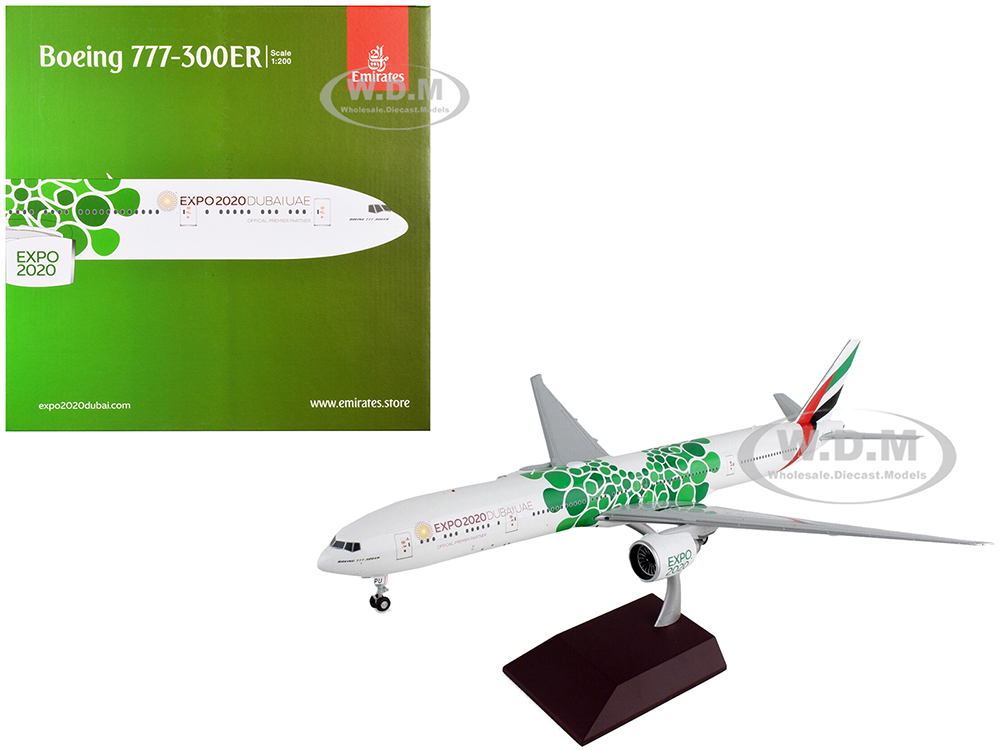 Image of Boeing 777-300ER Commercial Aircraft "Emirates Airlines - Dubai Expo 2020" White with Green Graphics "Gemini 200" Series 1/200 Diecast Model Airplane