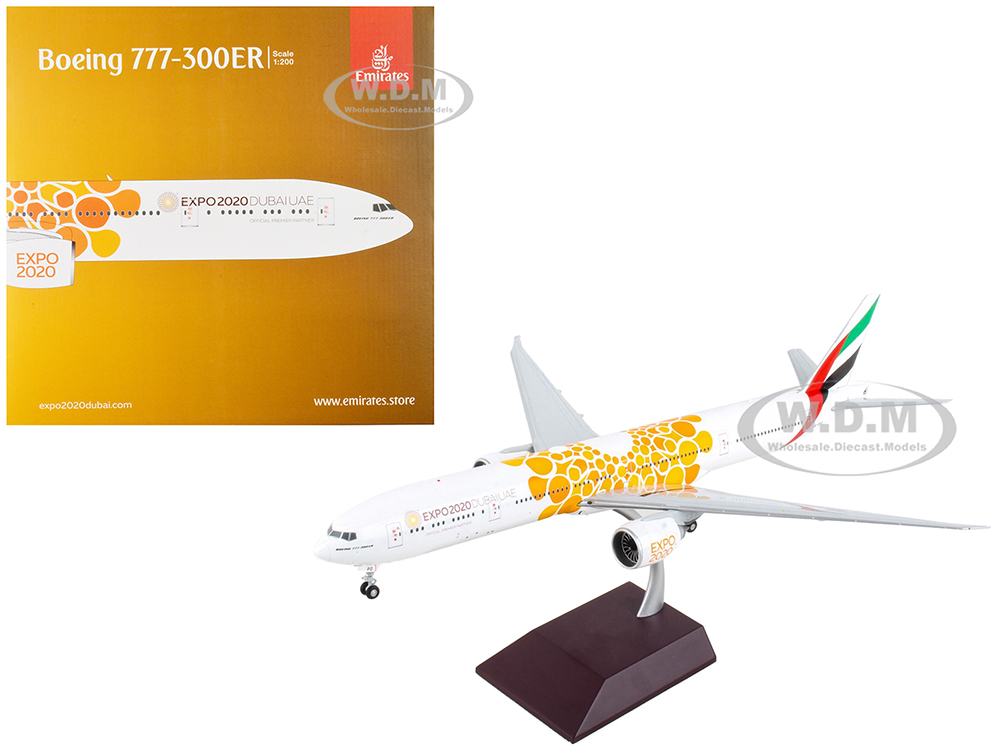 Image of Boeing 777-300ER Commercial Aircraft "Emirates Airlines - Dubai Expo 2020" White with Orange Graphics "Gemini 200" Series 1/200 Diecast Model Airplan