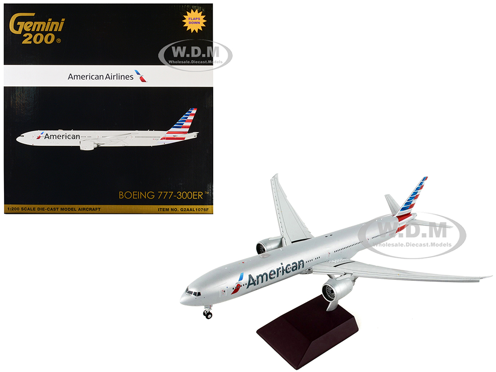 Image of Boeing 777-300ER Commercial Aircraft with Flaps Down "American Airlines" Silver "Gemini 200" Series 1/200 Diecast Model Airplane by GeminiJets