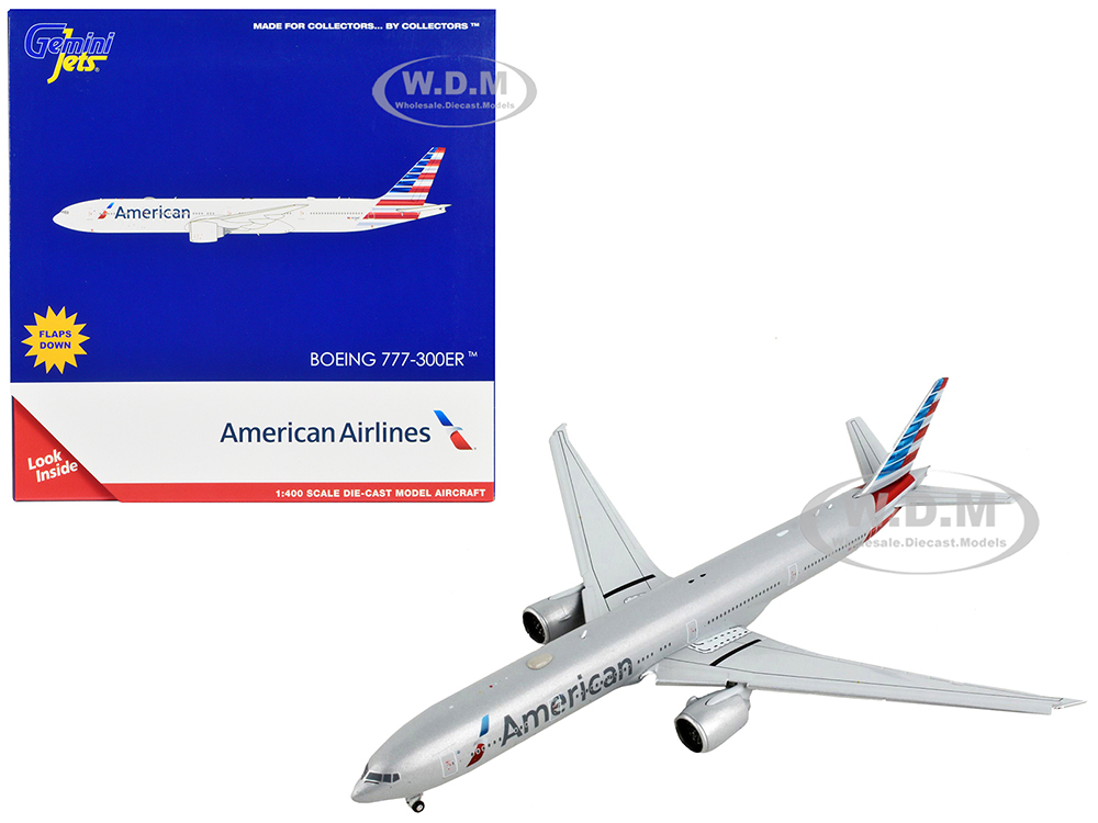 Image of Boeing 777-300ER Commercial Aircraft with Flaps Down "American Airlines" Silver with Striped Tail 1/400 Diecast Model Airplane by GeminiJets