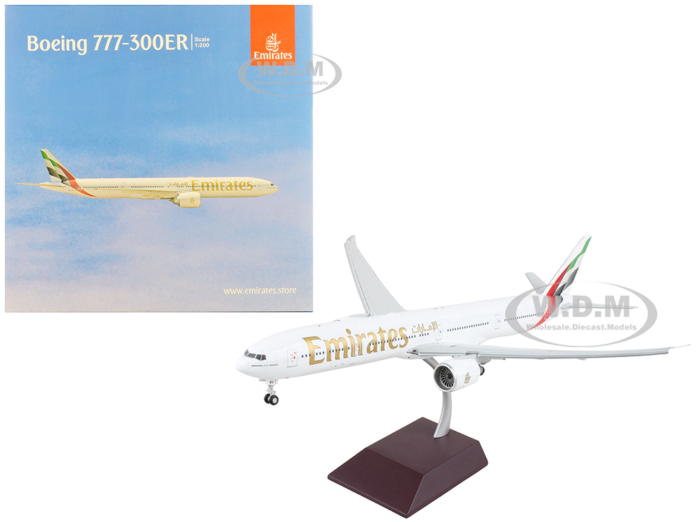Image of Boeing 777-300ER Commercial Aircraft with Flaps Down "Emirates Airlines - 2023 Livery" White with Striped Tail "Gemini 200" Series 1/200 Diecast Mode