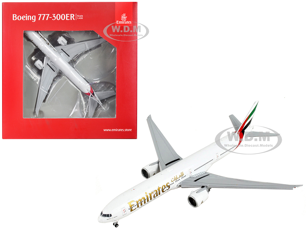 Image of Boeing 777-300ER Commercial Aircraft with Flaps Down "Emirates Airlines" White with Striped Tail 1/400 Diecast Model Airplane by GeminiJets