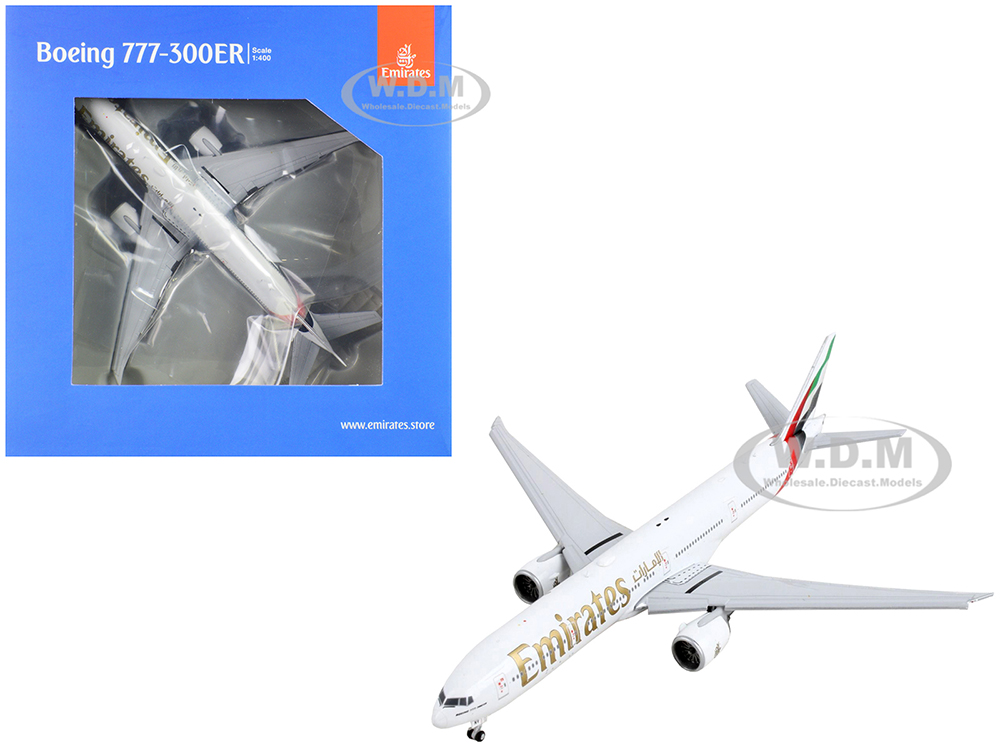 Image of Boeing 777-300ER Commercial Aircraft with Flaps Down "Emirates Airlines" White with Tail Stripes 1/400 Diecast Model Airplane by GeminiJets