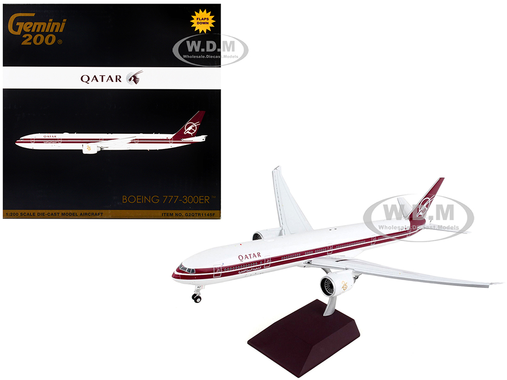 Image of Boeing 777-300ER Commercial Aircraft with Flaps Down "Qatar Airways" White with Dark Red Stripes "Gemini 200" Series 1/200 Diecast Model Airplane by
