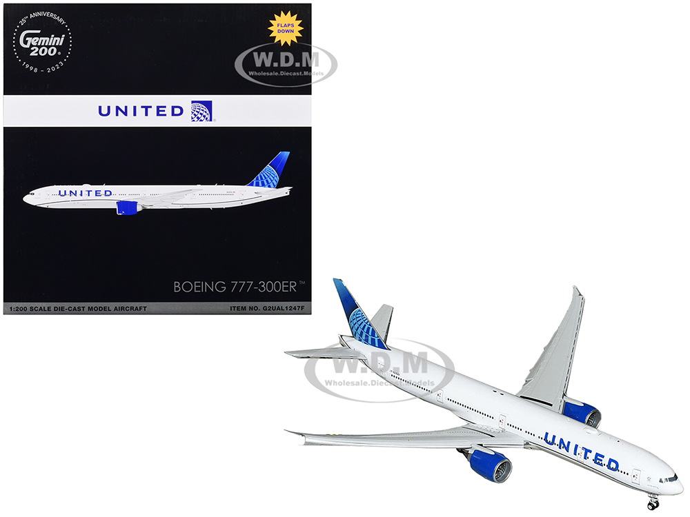 Image of Boeing 777-300ER Commercial Aircraft with Flaps Down "United Airlines" White with Blue Tail "Gemini 200" Series 1/200 Diecast Model Airplane by Gemin