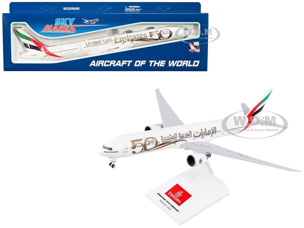 Image of Boeing 777-300ER Commercial Aircraft with Landing Gear "Emirates Airlines - 50th Anniversary" (A6-EPO) White with Tail Graphics (Snap-Fit) 1/200 Plas