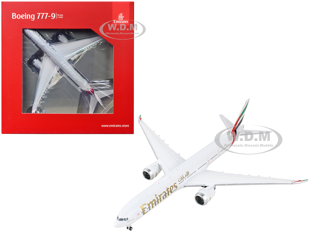 Image of Boeing 777-9 Commercial Aircraft "Emirates Airlines" White with Gold Lettering 1/400 Diecast Model Airplane by GeminiJets