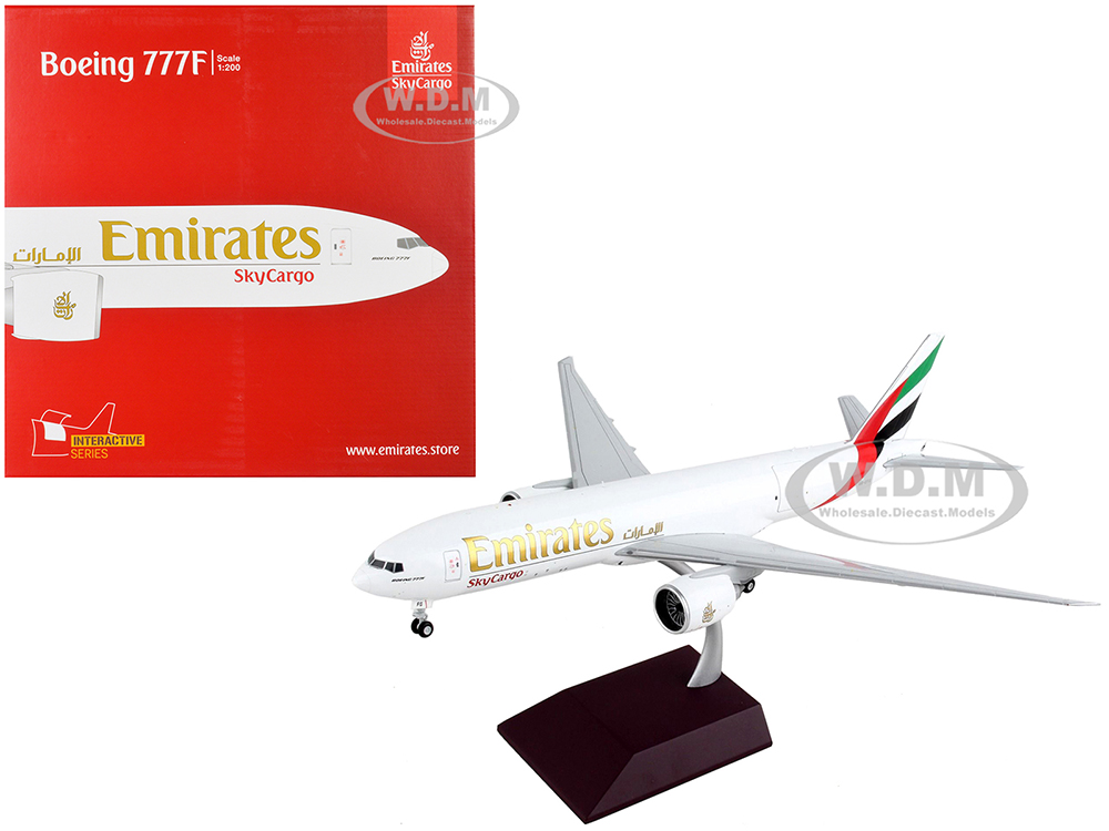 Image of Boeing 777F Commercial Aircraft "Emirates Airlines - SkyCargo" White with Striped Tail "Gemini 200 - Interactive" Series 1/200 Diecast Model Airplane