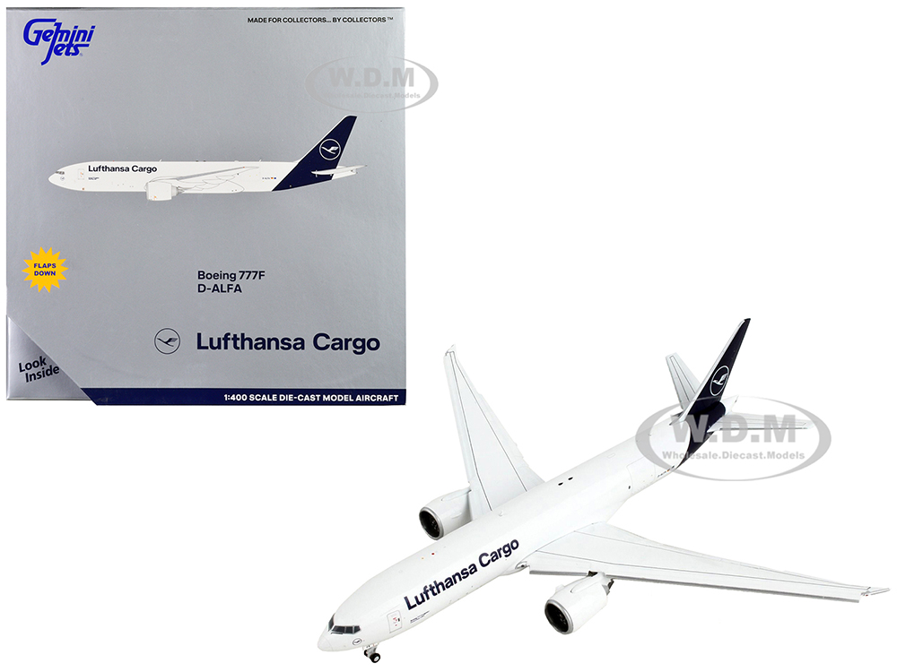 Image of Boeing 777F Commercial Aircraft with Flaps Down "Lufthansa Cargo" White with Dark Blue Tail 1/400 Diecast Model Airplane by GeminiJets