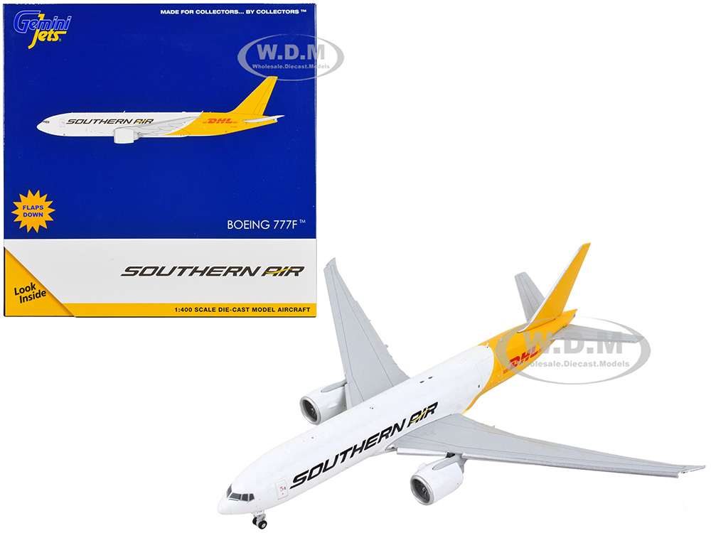 Image of Boeing 777F Commercial Aircraft with Flaps Down "Southern Air - DHL" White and Yellow 1/400 Diecast Model Airplane by GeminiJets