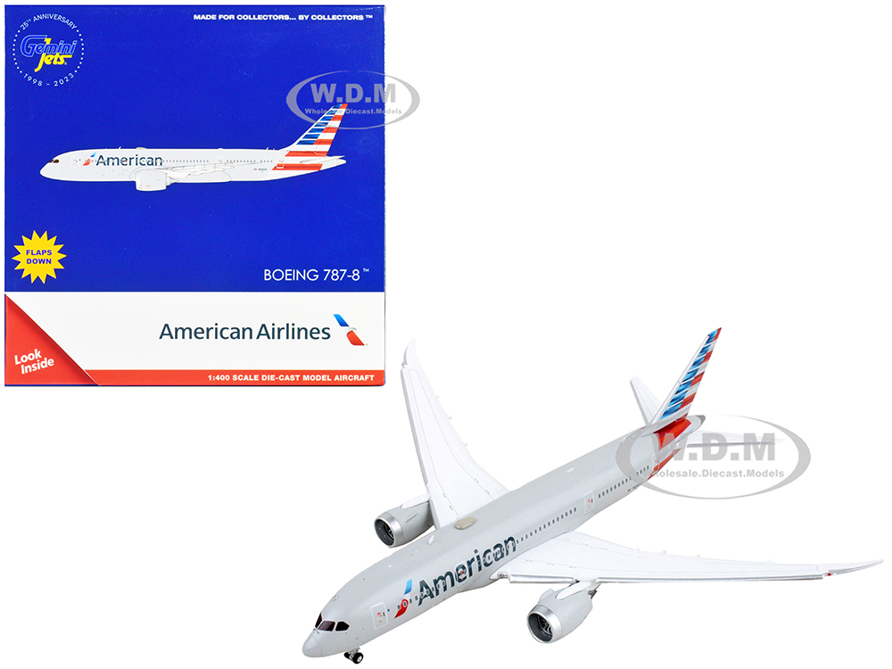 Image of Boeing 787-8 Commercial Aircraft with Flaps Down "American Airlines" Gray with Striped Tail 1/400 Diecast Model Airplane by GeminiJets