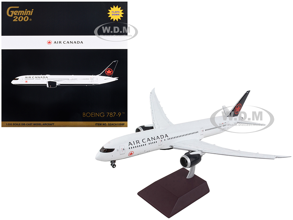 Image of Boeing 787-9 Commercial Aircraft with Flaps Down "Air Canada" White with Black Tail "Gemini 200" Series 1/200 Diecast Model Airplane by GeminiJets