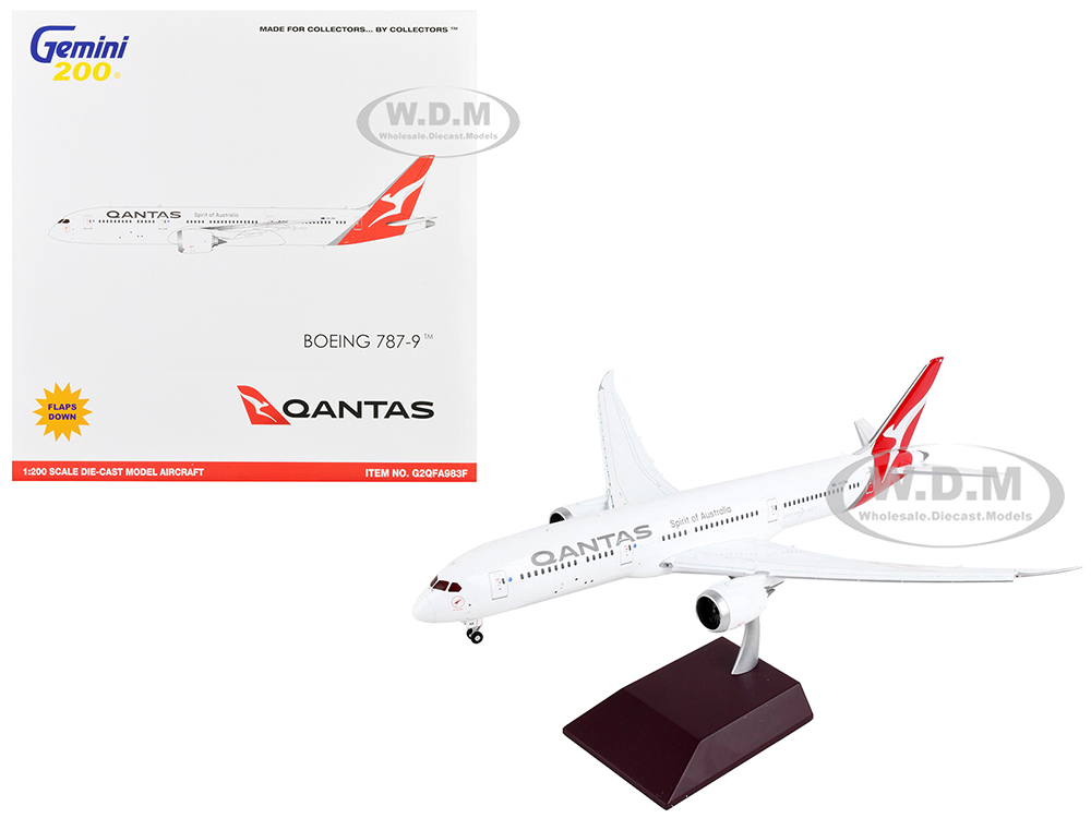 Image of Boeing 787-9 Commercial Aircraft with Flaps Down "Qantas Airways - Spirit of Australia" White with Red Tail "Gemini 200" Series 1/200 Diecast Model A