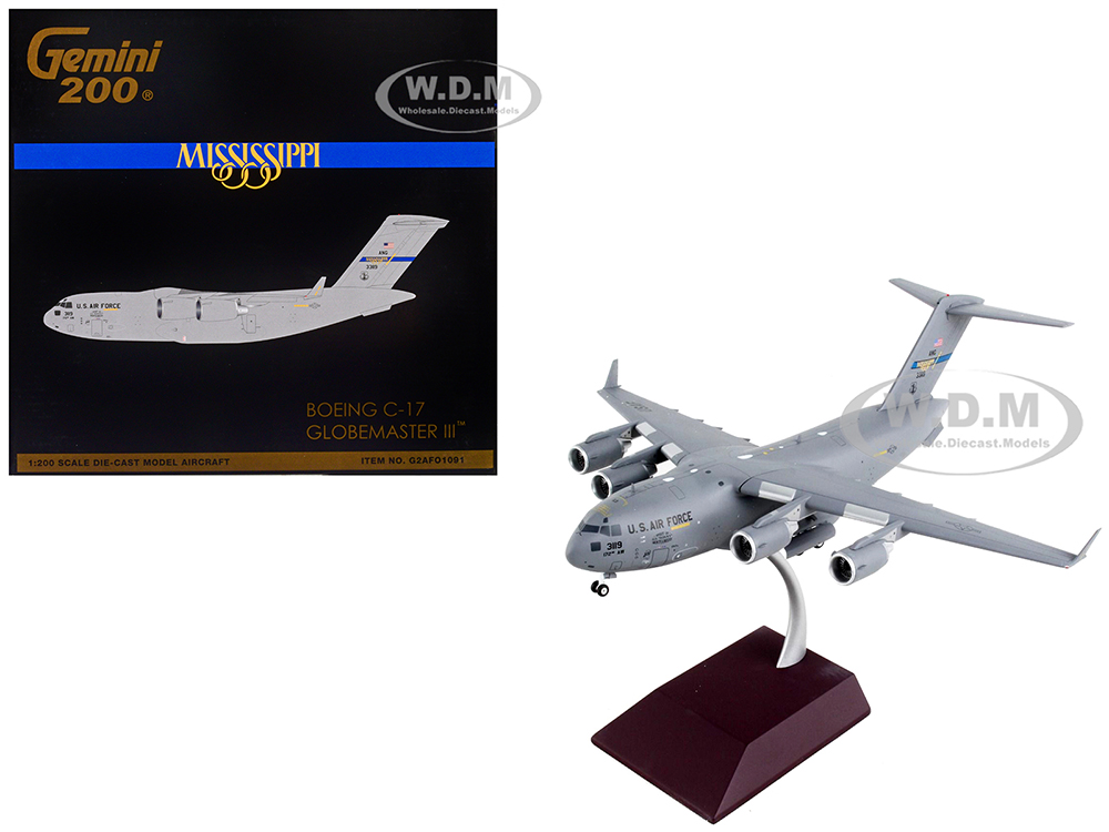 Image of Boeing C-17 Globemaster III Transport Aircraft "Mississippi Air National Guard" United States Air Force "Gemini 200" Series 1/200 Diecast Model Airpl