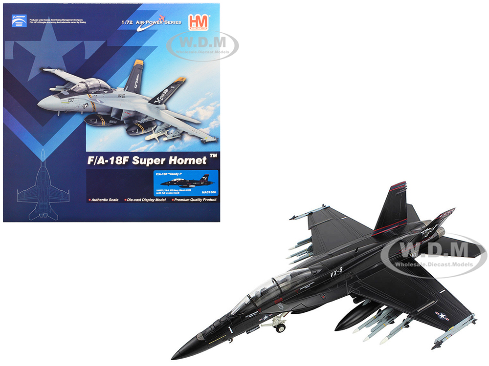 Image of Boeing F/A-18F Super Hornet Fighter Aircraft "Vandy I VX-9" (2023) United States Navy (Full Weapon Load) "Air Power Series" 1/72 Diecast Model by Hob