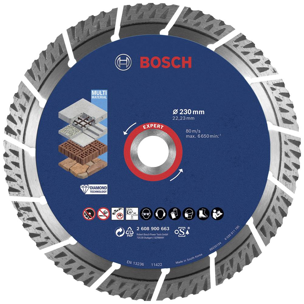 Image of Bosch Accessories 2608900663 EXPERT MultiMaterial Diamond cutting disc Diameter 230 mm Bore diameter 2223 mm Stone