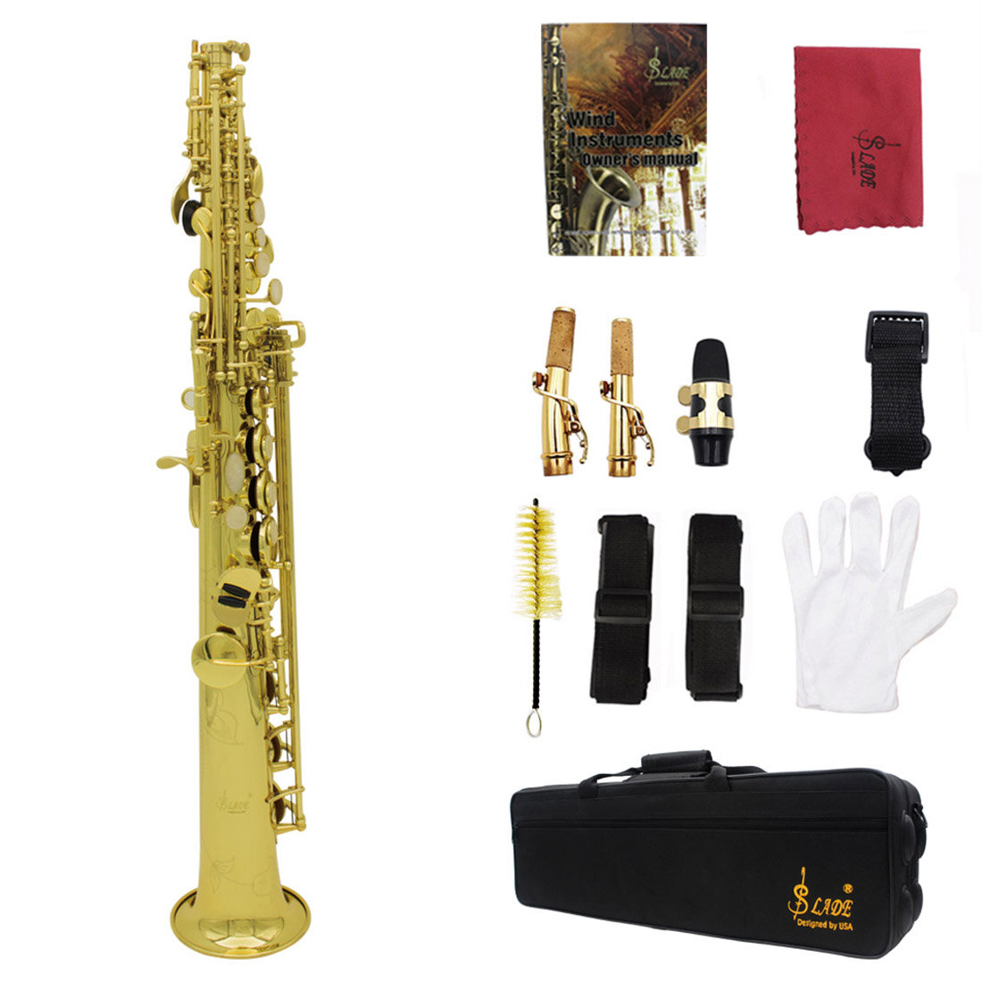 Image of Brass Straight Soprano Sax Saxophone Bb B Flat Woodwind Instrument Natural Shell Key Carve Pattern with Carrying Case