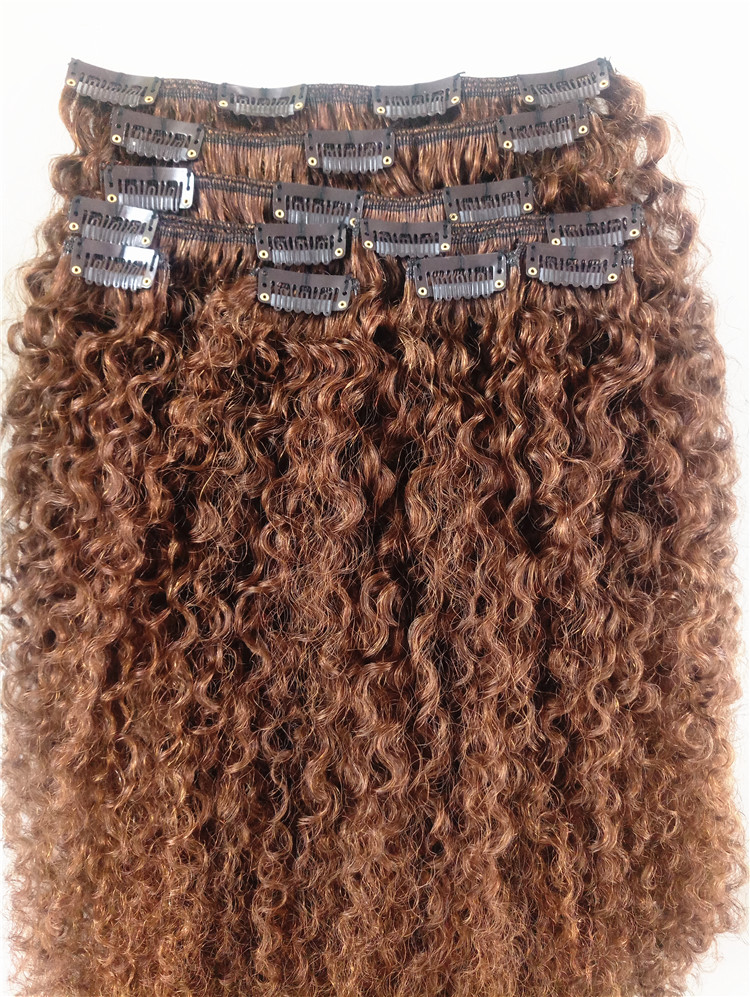 Image of Brazilian Human Curly Hair Weft Clip In Extensions Brown 30# Color 9pcs/Bundles Kinky Curl Product