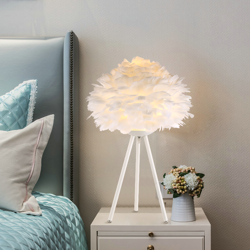Image of Brid&#039s Beather Modern Study Living Room Decoration Table Lamp White Feather Table Lights American children Creative Bedroom Bedside Lamps