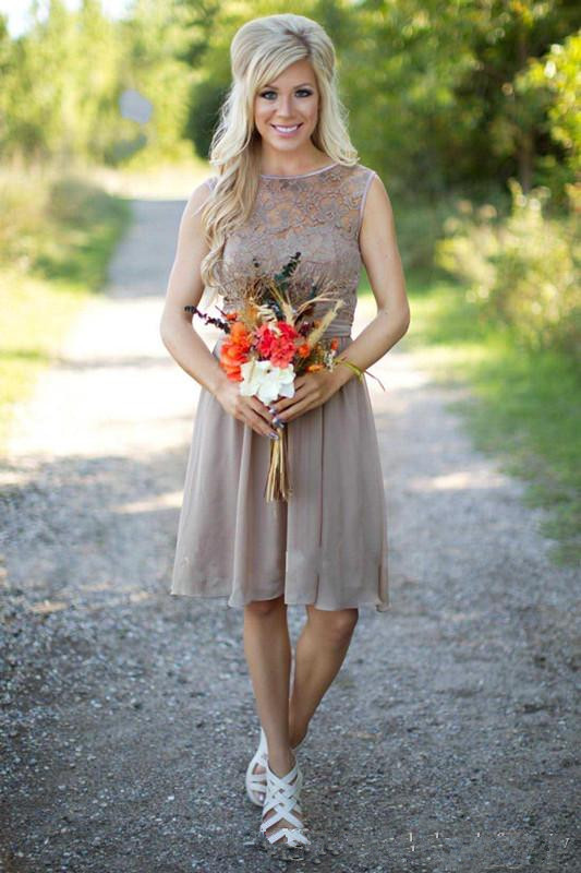 Image of Brown Chiffon Short Country Bridesmaid Dresses Sheer Lace Top Knee Length A Line cocktail Guest Party