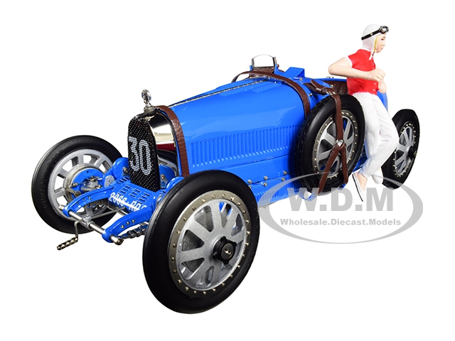 Image of Bugatti T35 30 Grand Prix Bright Blue Livery with a Female Racer Figurine Limited Edition to 600 pieces Worldwide 1/18 Diecast Model Car by CMC