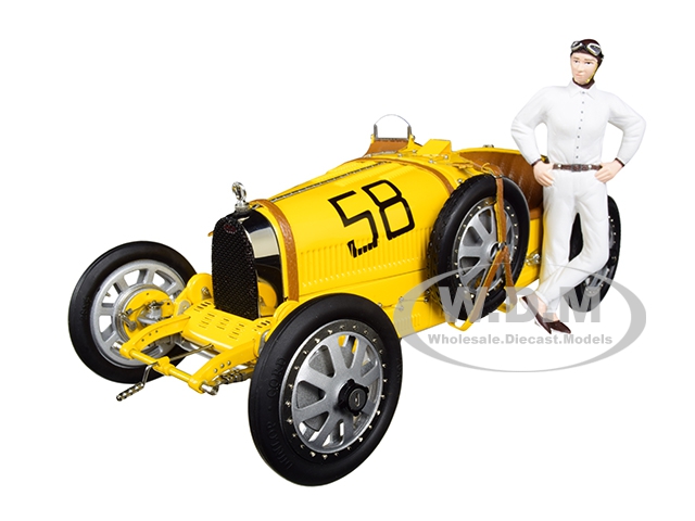 Image of Bugatti T35 58 Grand Prix Yellow Livery with a Female Racer Figurine Limited Edition to 600 pieces Worldwide 1/18 Diecast Model Car by CMC