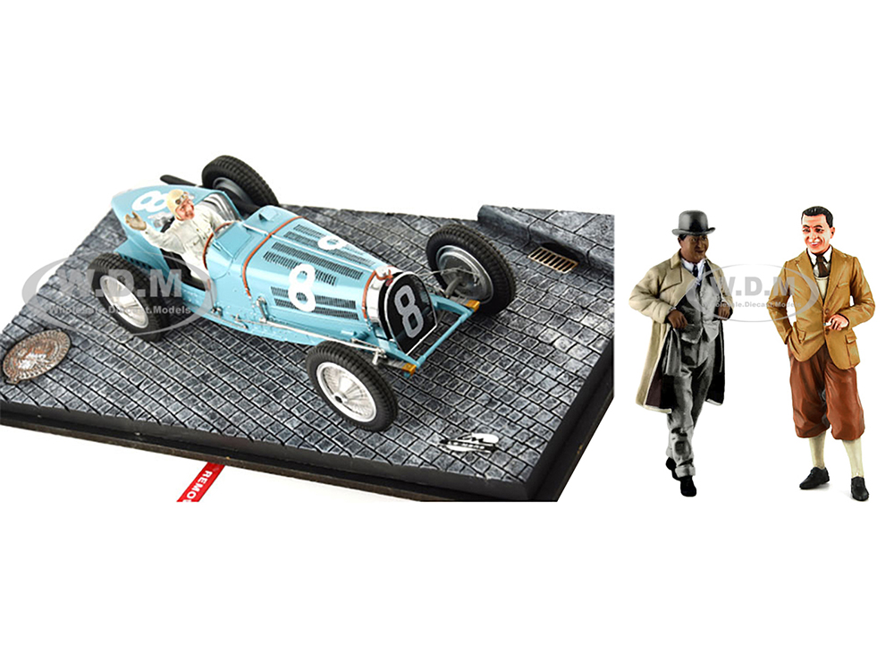 Image of Bugatti T59 8 Rene Dreyfus 3rd Place Monaco GP (1934) with Driver Mounted and Etorre Bugatti and Jean Bugatti Figures 1/18 Models by Le Mans Miniatur