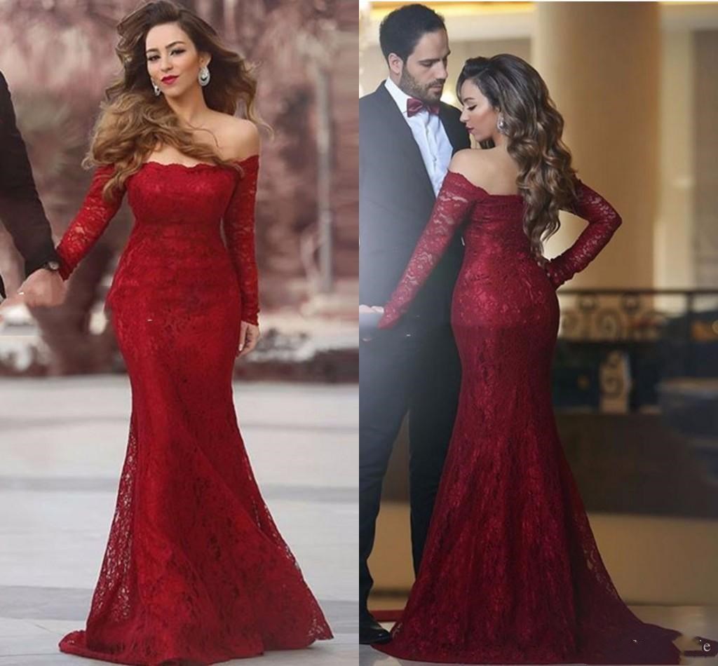 Image of Burgundy Lace Mother of Bride Groom Dresses Long Sleeves Off Shoulder Arabic Evening Party for Plus Size