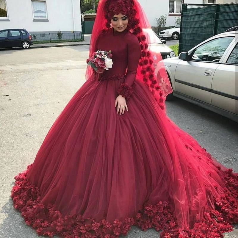 Image of Burgundy Muslim Ball Gown Wedding Dresses 3D Floral High Neck Long Sleeves Bridal Gowns Sweep Train Tulle Vestidos De Novia
