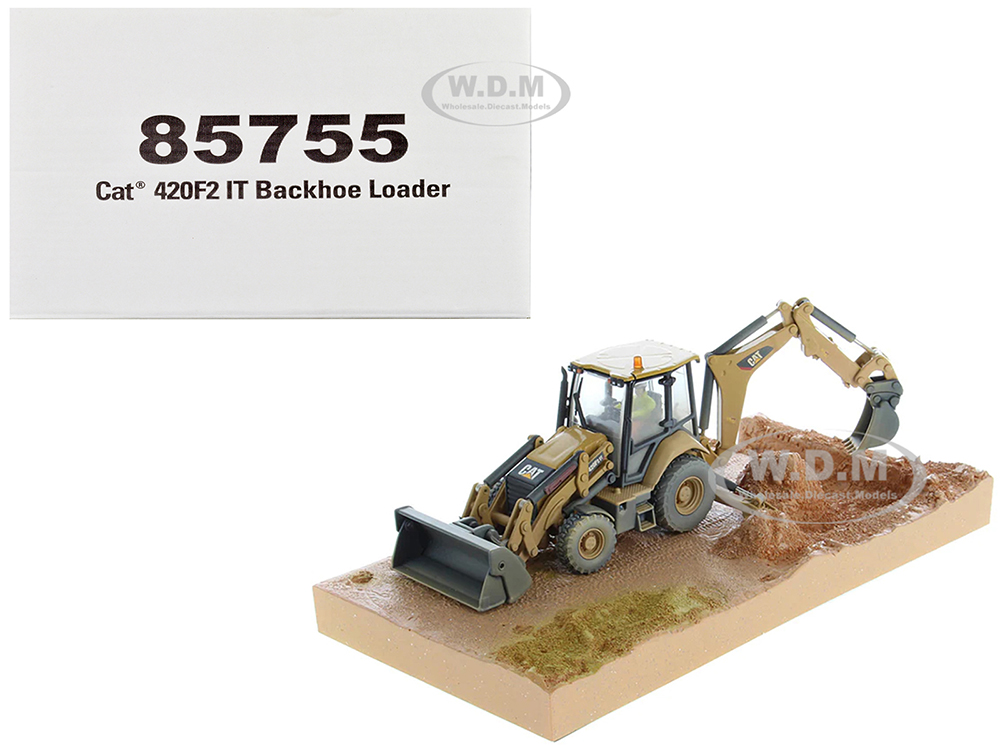 Image of CAT Caterpillar 420F2 IT Backhoe Loader with Operator Yellow "Weathered Series" 1/50 Diecast Model by Diecast Masters
